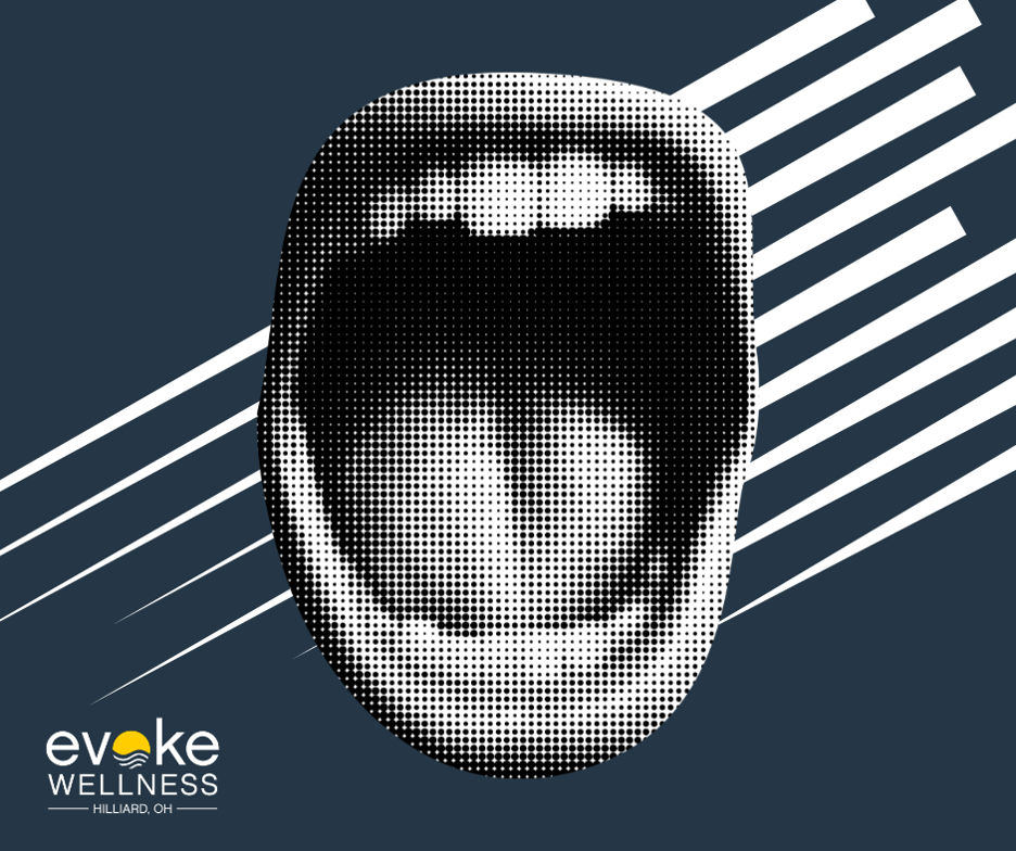 an open mouth seems to yell across a lined background