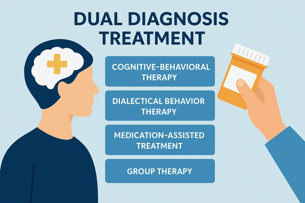 Therapy types used to treat dual diagnosis: CBT, CBT, MAT, Group Therapy