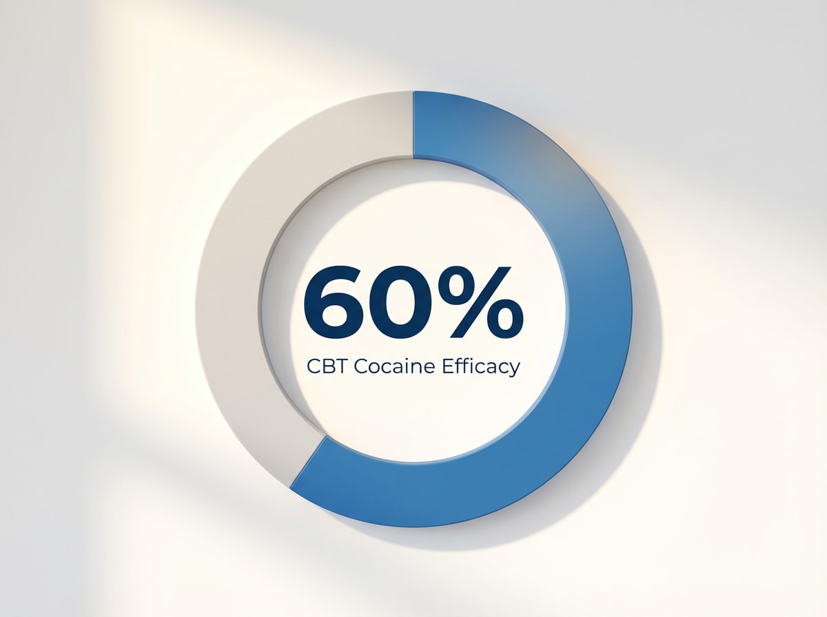 Infographic showing CBT Efficacy for Cocaine Dependence (52-week follow-up): 60%