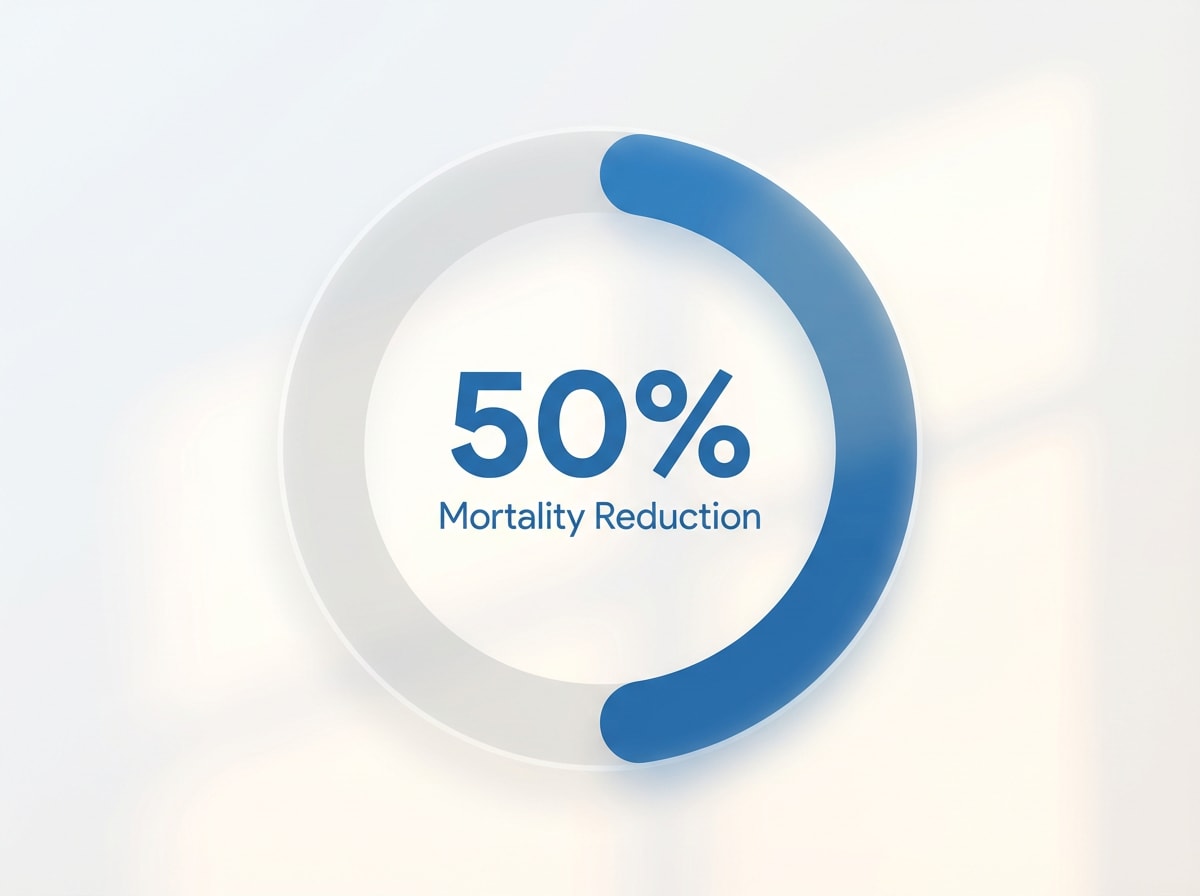 Infographic showing Mortality Reduction with MAT for Opioid Use Disorder: 50%