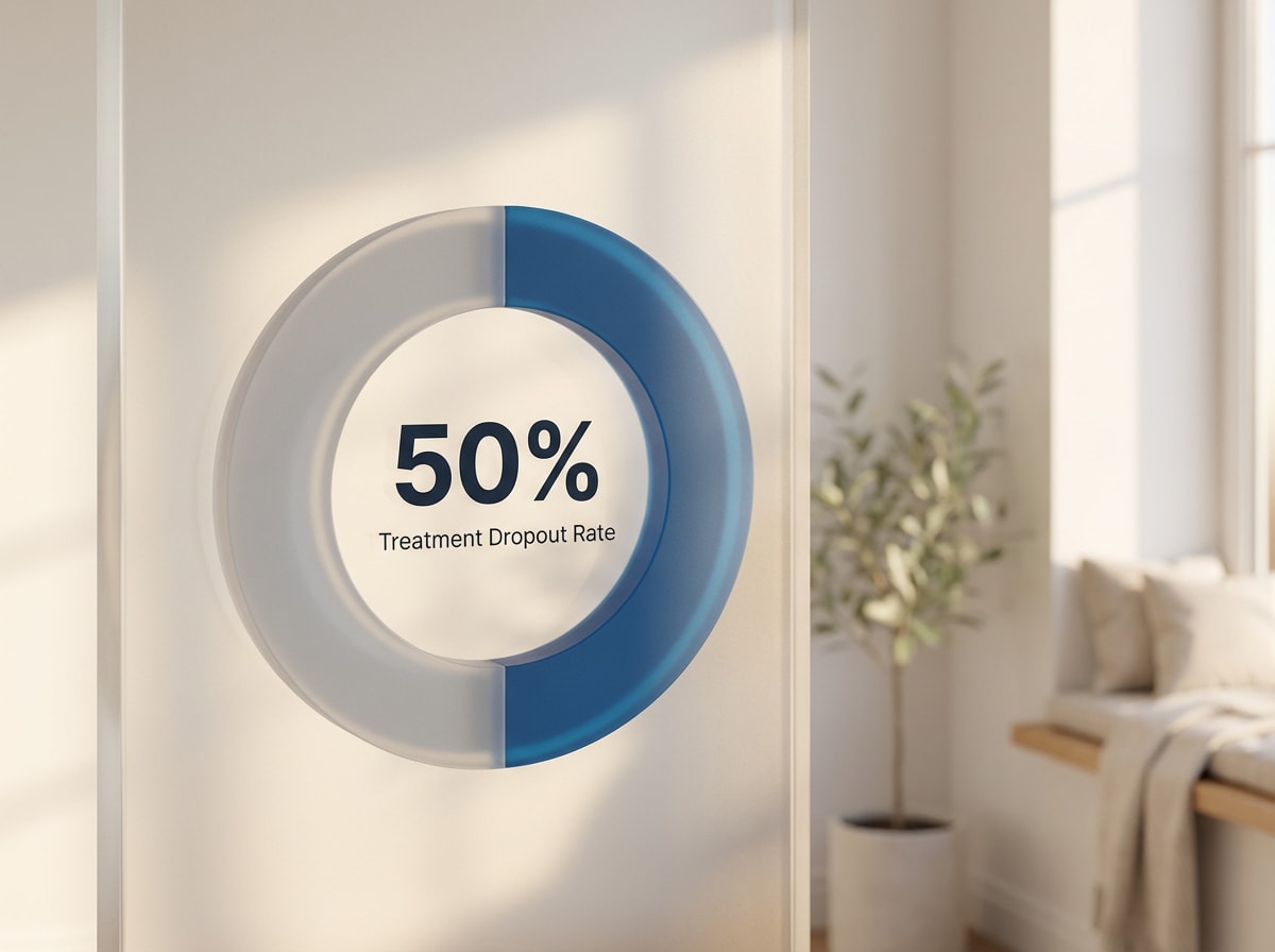 Infographic showing Treatment Dropout Rate (First Month): 50%