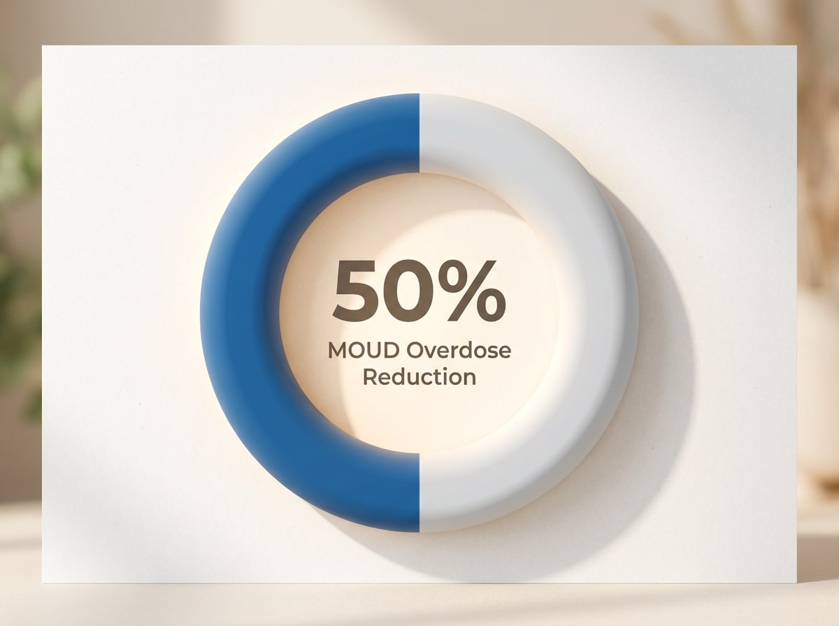 Infographic showing Overdose Death Reduction with MOUD: 50%