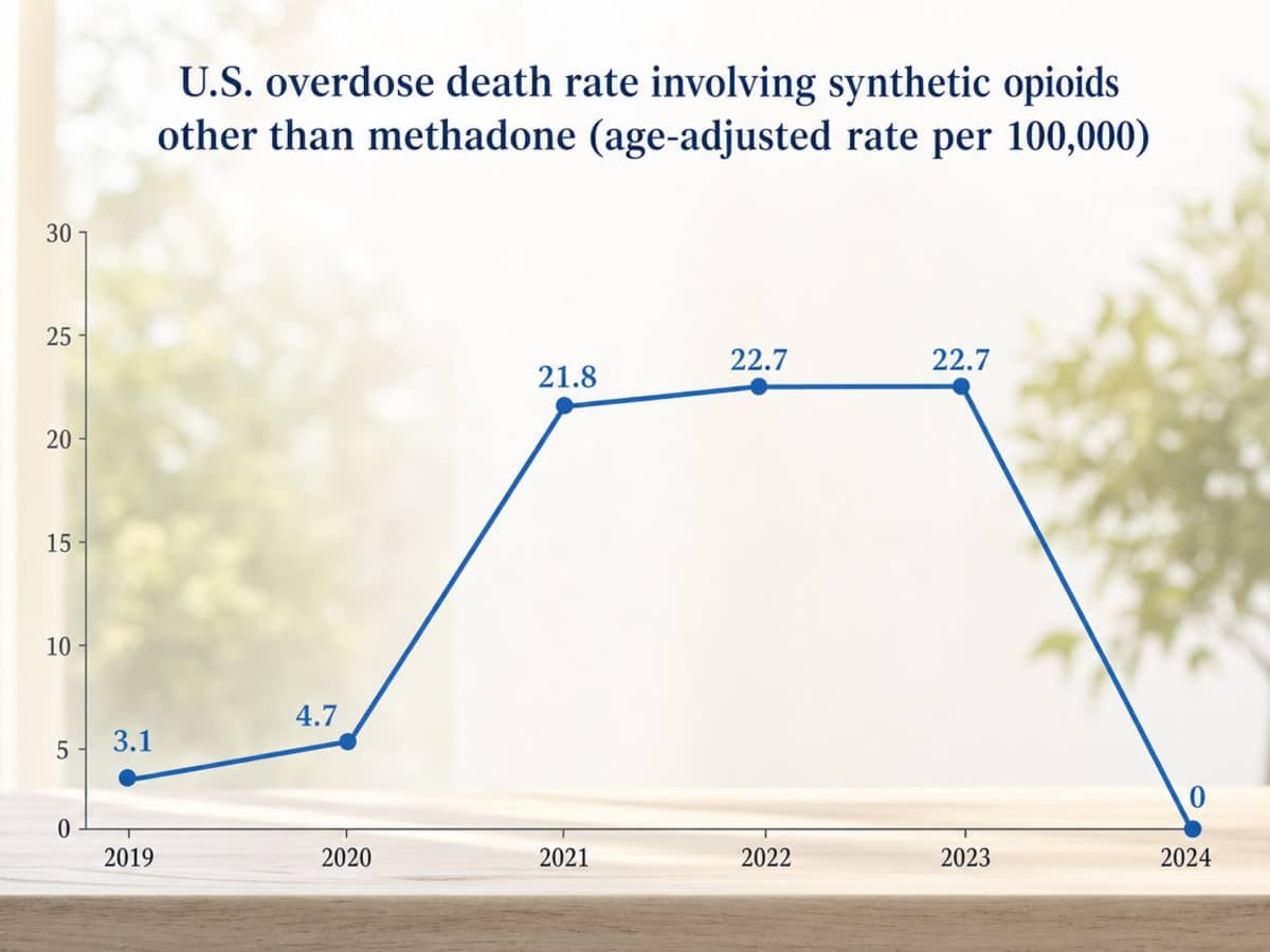 Chart showing U.S. overdose death rate involving synthetic opioids other than methadone (age-adjusted rate per 100,000)