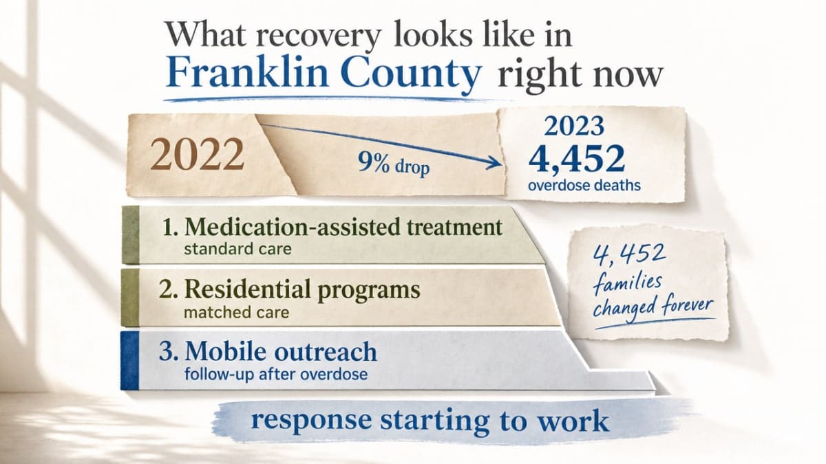 Visualize the cited 9% decline in Ohio overdose deaths from 2022 to 2023, directly supporting the section's opening statistic