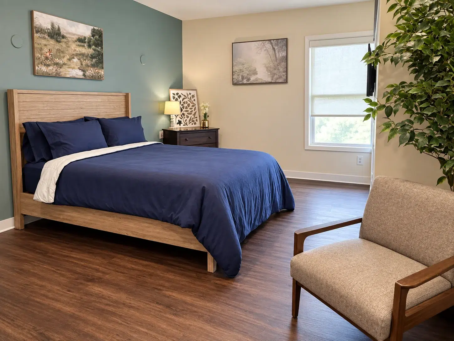 Upscale mental health suite with a queen bed